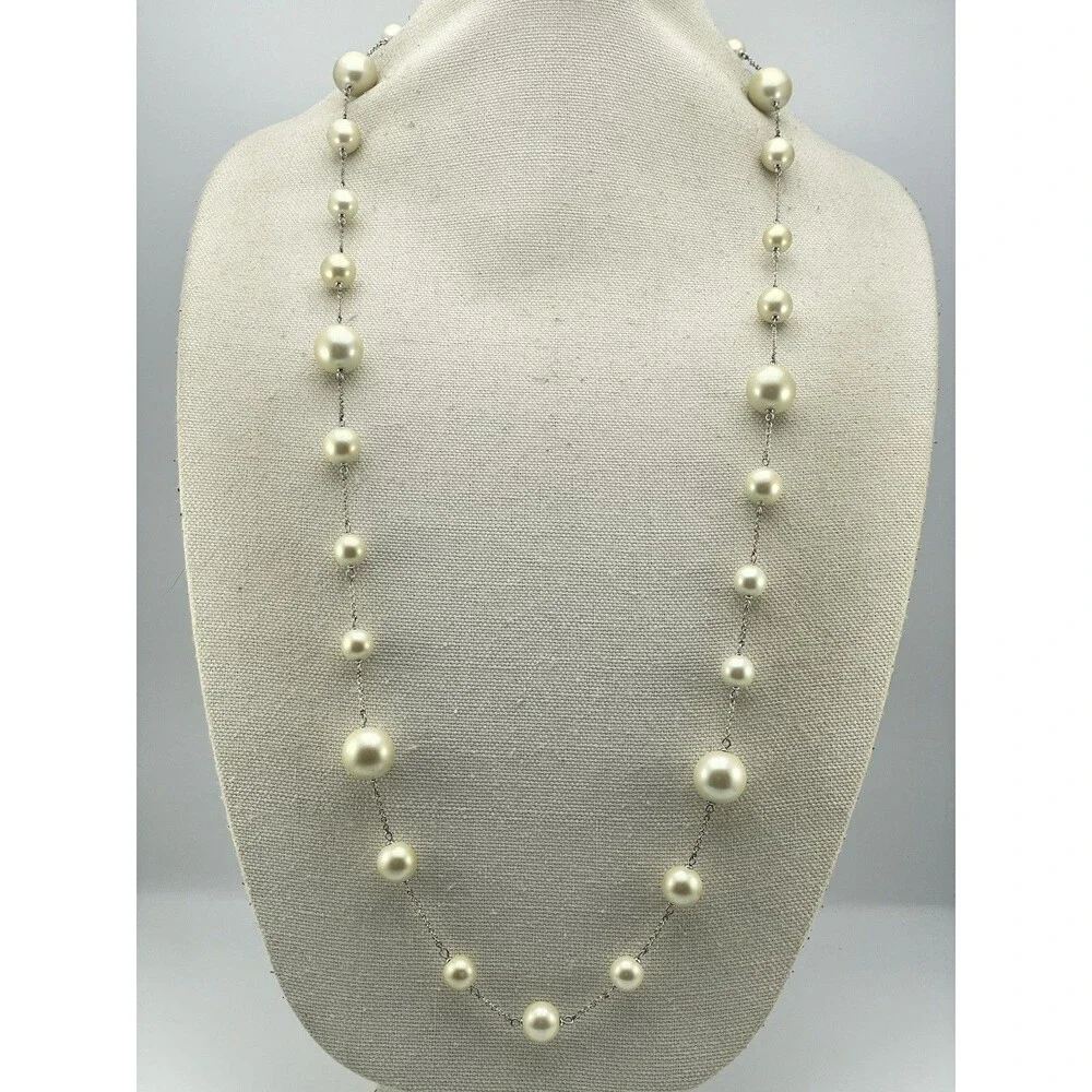 Stunning Vintage Glass Pearl Chain Necklace Silver Tone Statement Bridal Cute